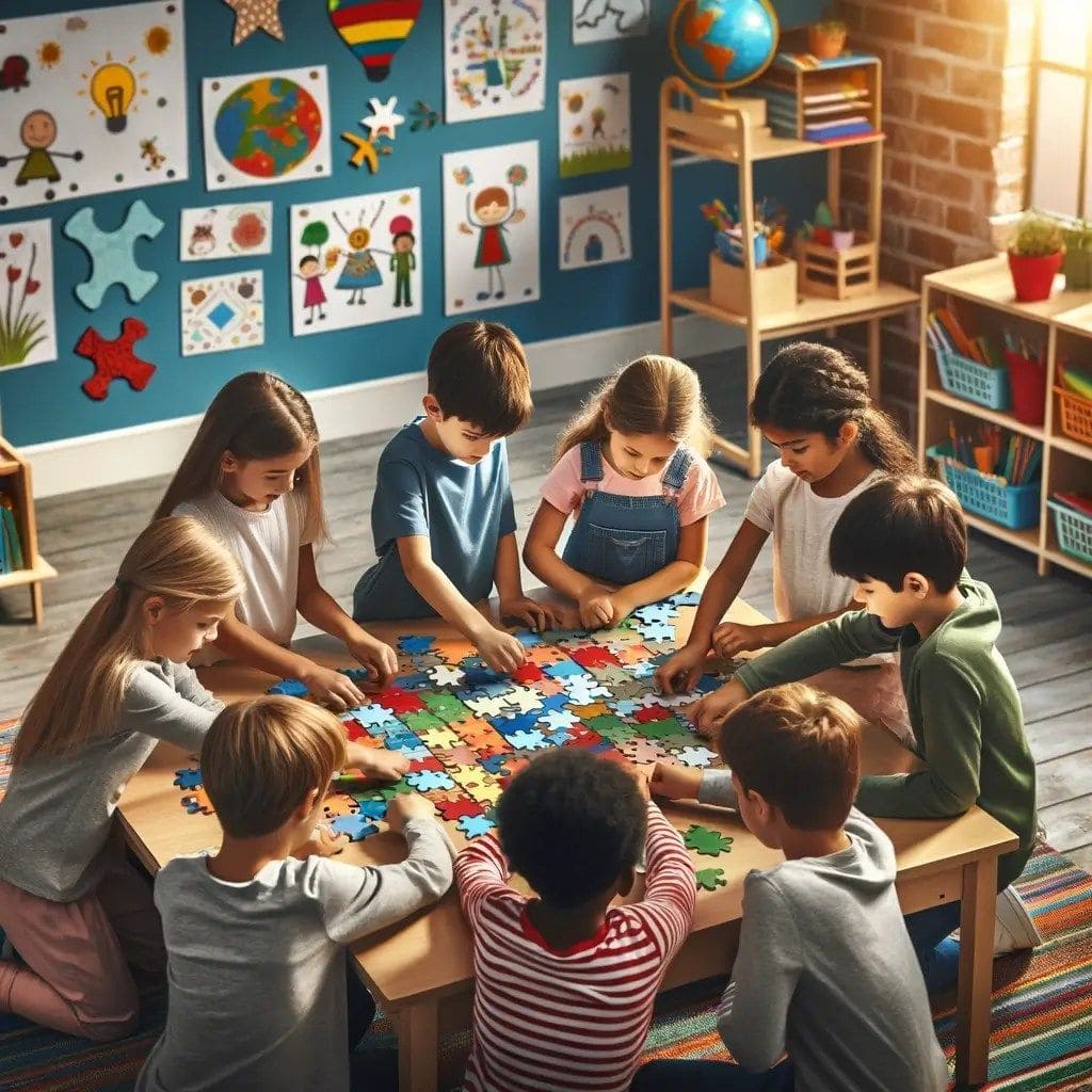 Autistic children participating in a social skills group activity